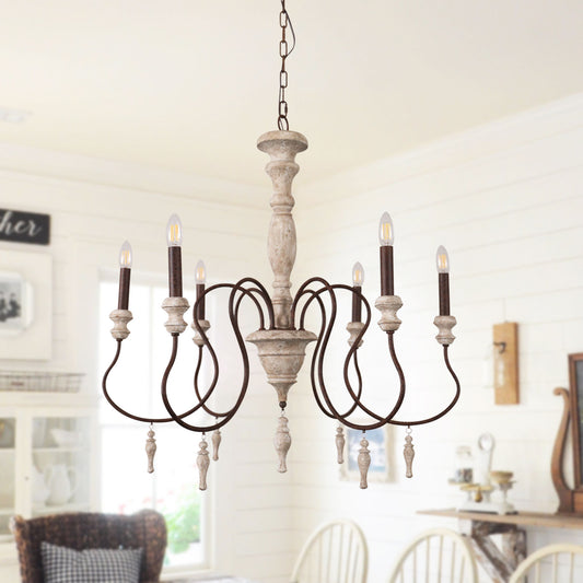 FC4005-Fancy Classic Mid-Century White Distressed Wooden Chandelier, 6 Lights