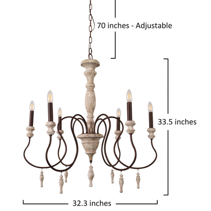 FC4005-Fancy Classic Mid-Century White Distressed Wooden Chandelier, 6 Lights