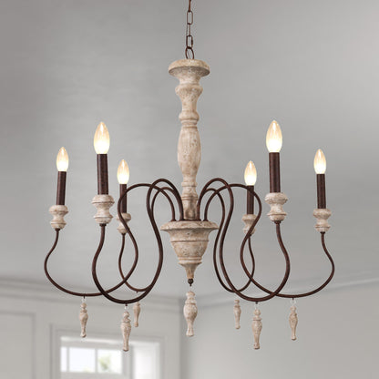 FC4005-Fancy Classic Mid-Century White Distressed Wooden Chandelier, 6 Lights