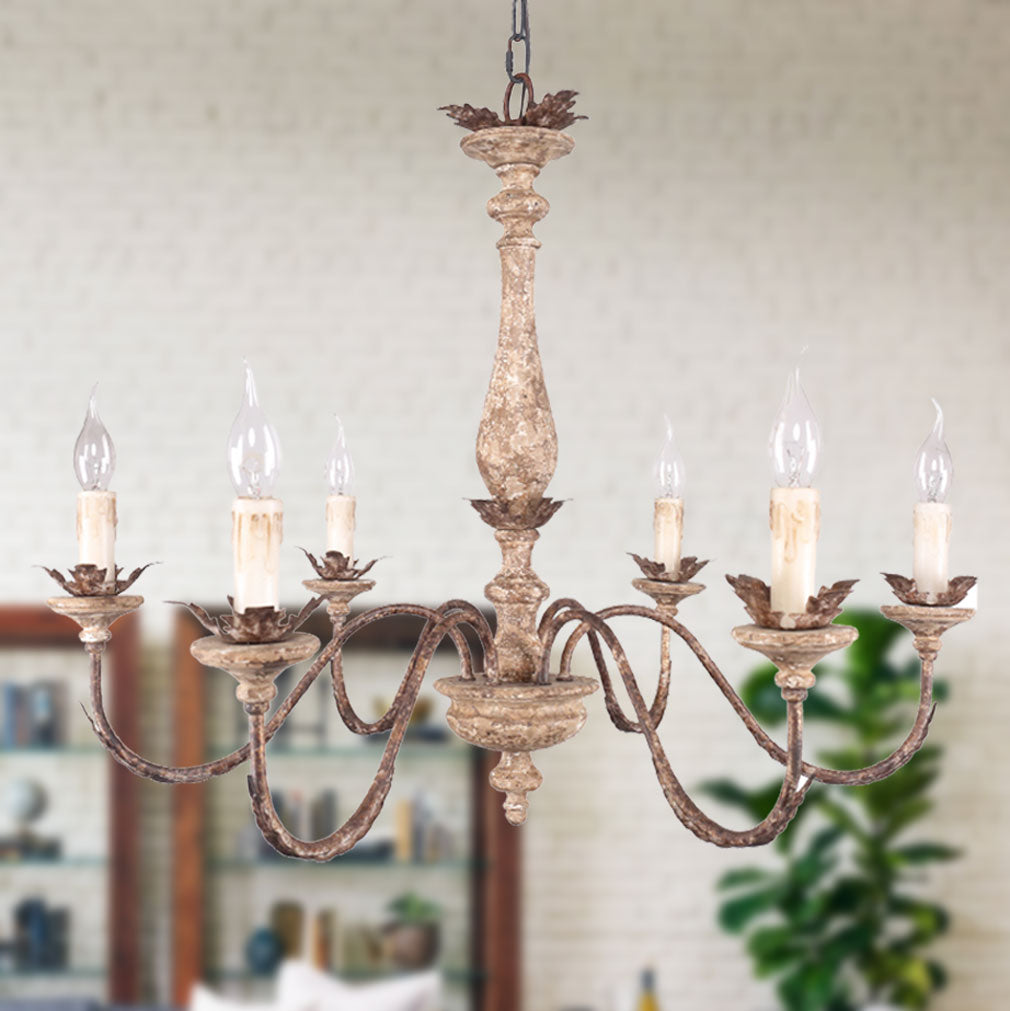 6-Light French Country Wood Chandelier, Rustic Bronze Pendant Lighting, Adjustable Chain Farmhouse Chandelier for Dining Room, Living Room, Foyer