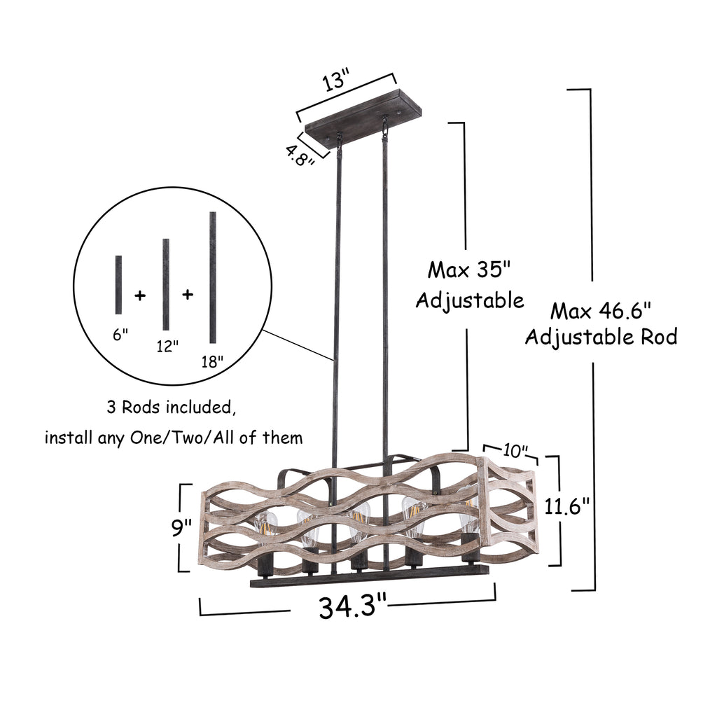 5 - Light Rectangle Farmhouse Chandelier for Dining Room Wooden Chandelier, 34" Kitchen Island Lighting