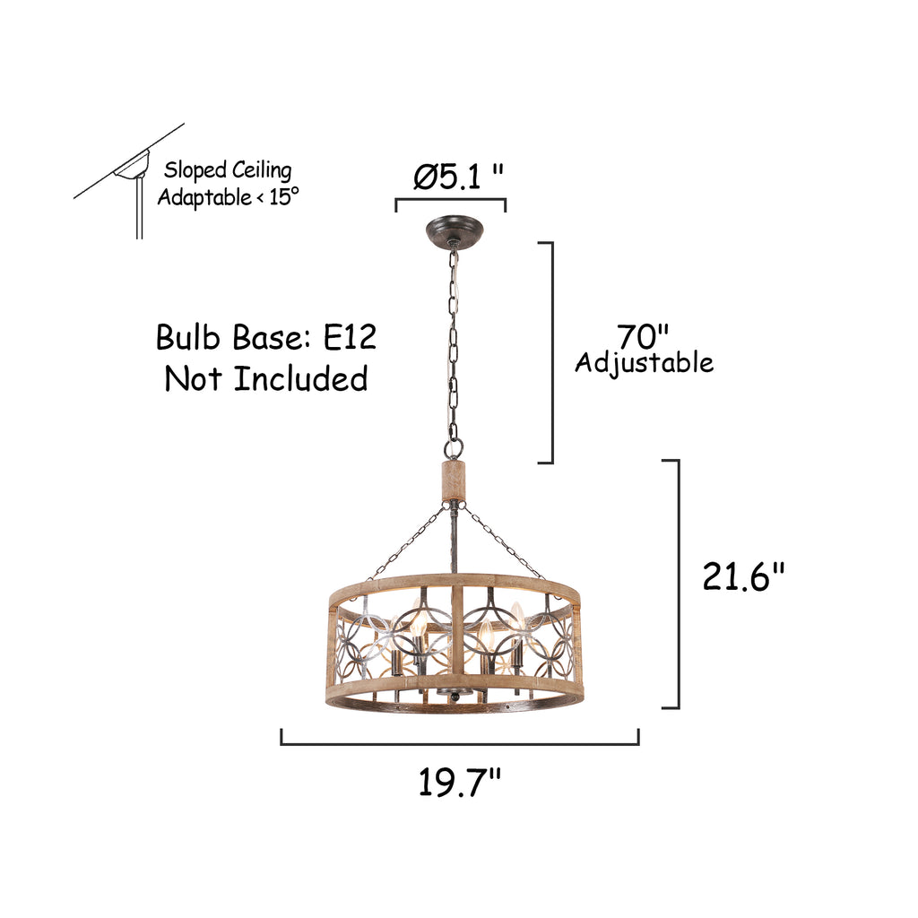 4-Light Solid Wood Farmhouse Drum Chandelier, Rustic Caged Pendant Light, 19.7" Dining Room Chandelier, Kitchen Island Ceiling Lighting