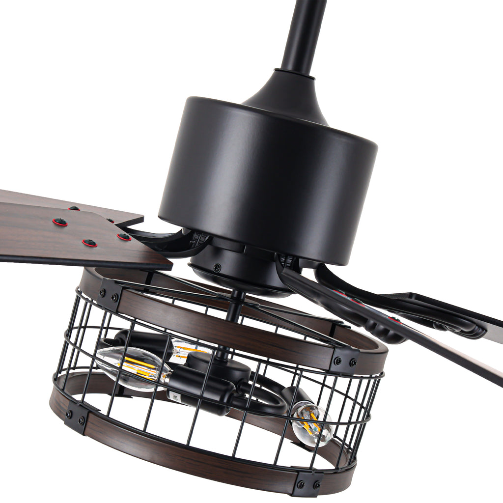 52 Inch Industrial Farmhouse Ceiling Fan with Lights and Remote Control, 6 Speeds Reversible Caged Ceiling Fan for Living Room