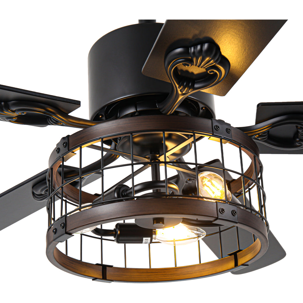 52 Inch Industrial Farmhouse Ceiling Fan with Lights and Remote Control, 6 Speeds Reversible Caged Ceiling Fan for Living Room