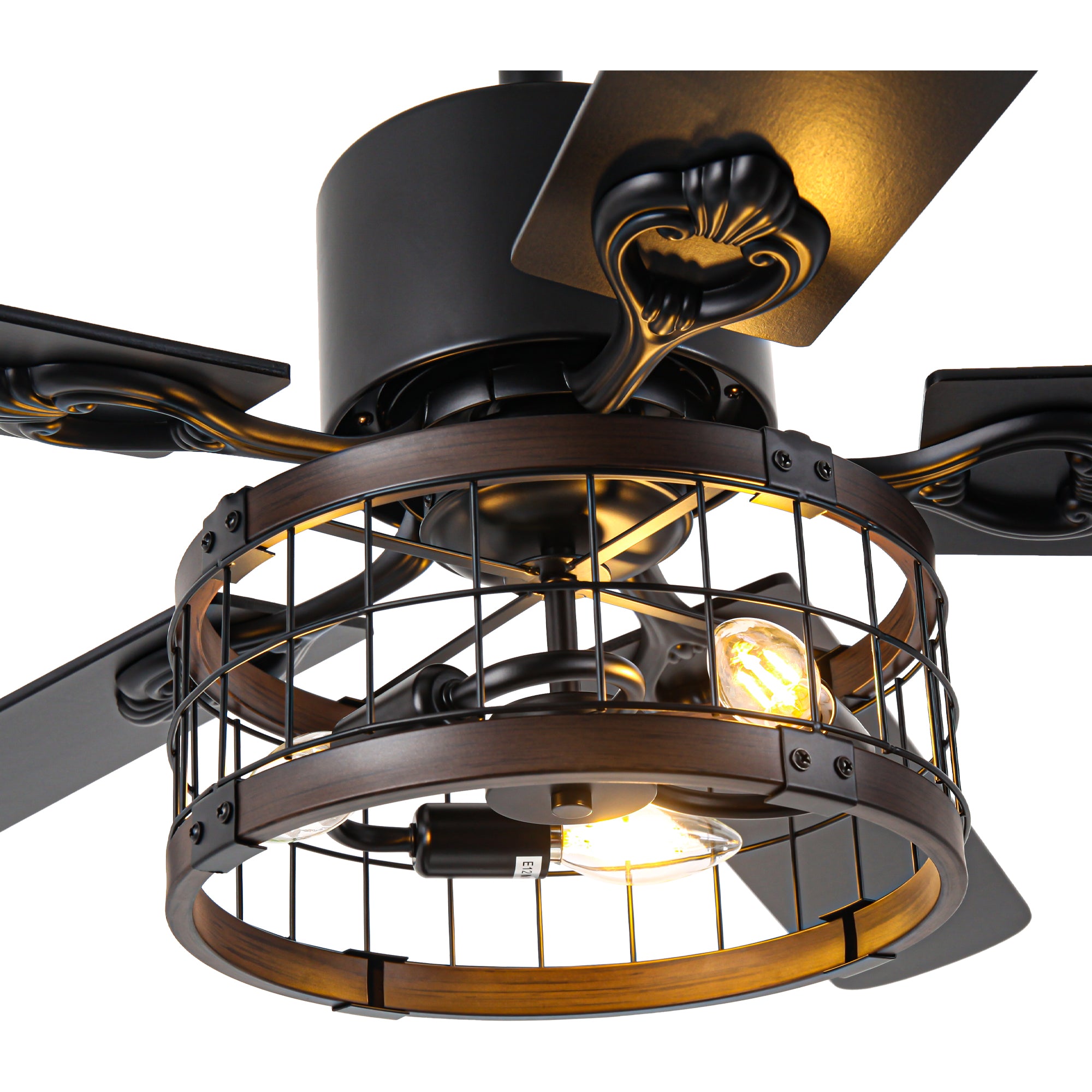 52 Inch Industrial Farmhouse Ceiling Fan with Lights and Remote Control, 6 Speeds Reversible Caged Ceiling Fan for Living Room