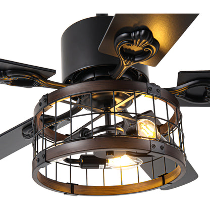 BellaDepot 52" Farmhouse Brown Caged Ceiling Fan with Remote Control, 5 Blades Standard Ceiling Fan with Lights - DC5220