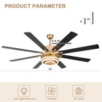 72 Inch Black/Gold/Chrome 8-Blade Modern Extra Large Ceiling Fan with LED Light and Remote, 6 Speeds DC Motor Reversible Ceiling Fan DIY Shade