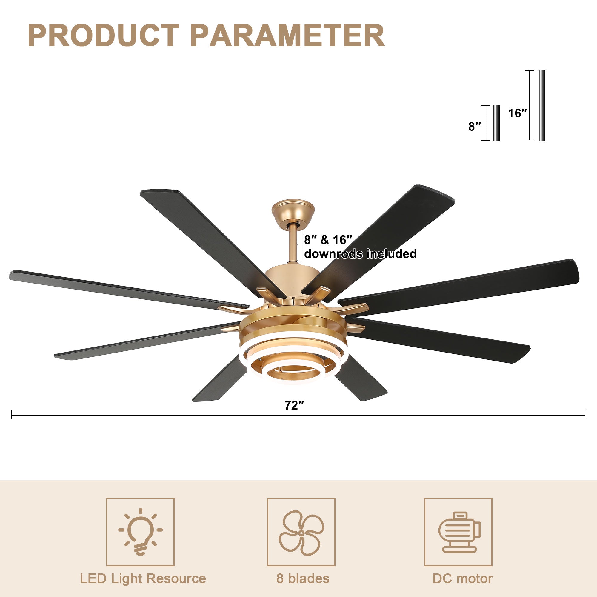 72 Inch Black/Gold/Chrome 8-Blade Modern Extra Large Ceiling Fan with LED Light and Remote, 6 Speeds DC Motor Reversible Ceiling Fan DIY Shade