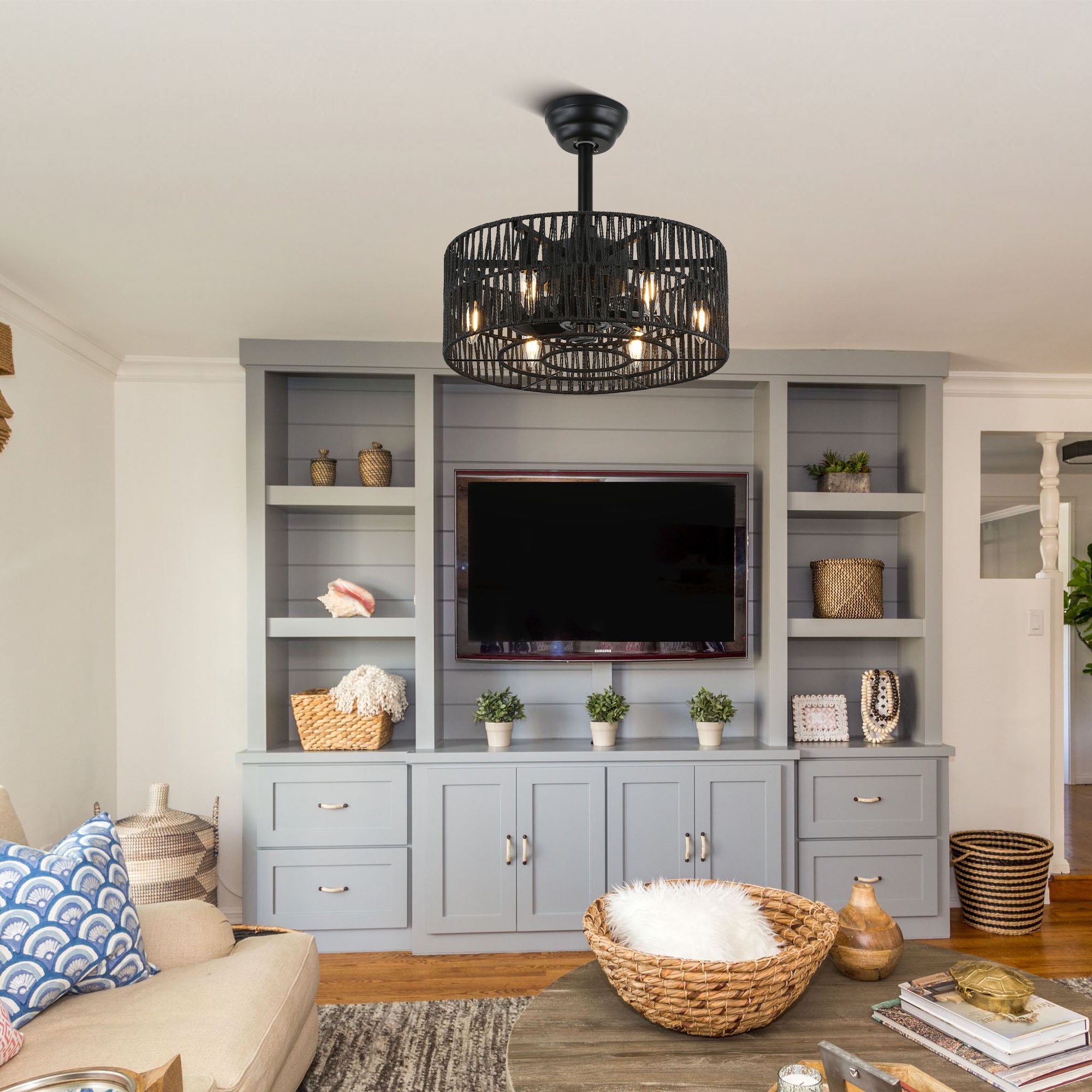 BD1802-BellaDepot 18" Rattan Series Cottage Caged Reversible Ceiling Fan with Lights Remote Control