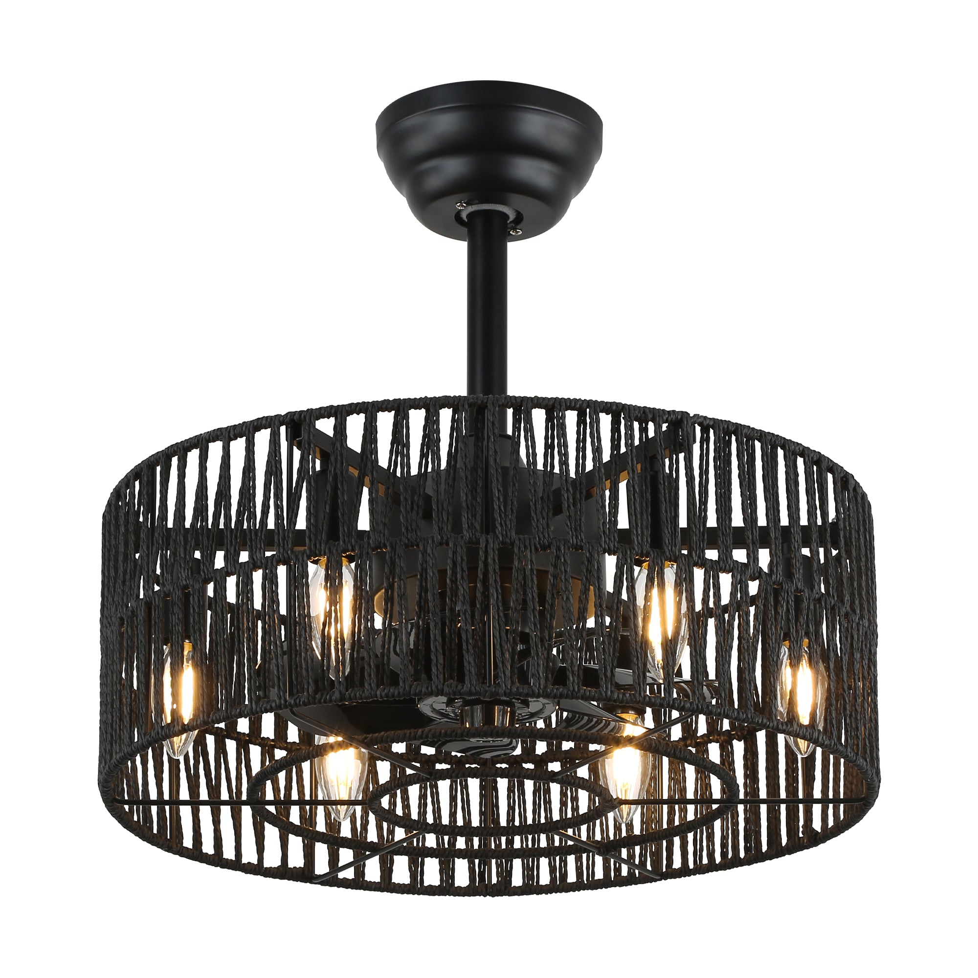 18 Inch Black Rattan Farmhouse Caged Ceiling Fan with Lights and Remote, Eeversible Bladeless Ceiling Fan for Bedroom