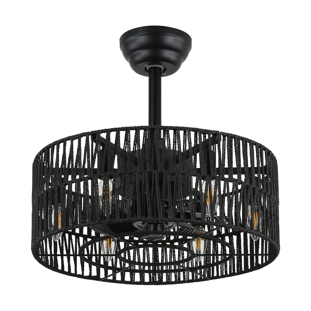 18 Inch Black Rattan Farmhouse Caged Ceiling Fan with Lights and Remote, Eeversible Bladeless Ceiling Fan for Bedroom