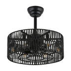 18 Inch Black Rattan Farmhouse Caged Ceiling Fan with Lights and Remote, Eeversible Bladeless Ceiling Fan for Bedroom