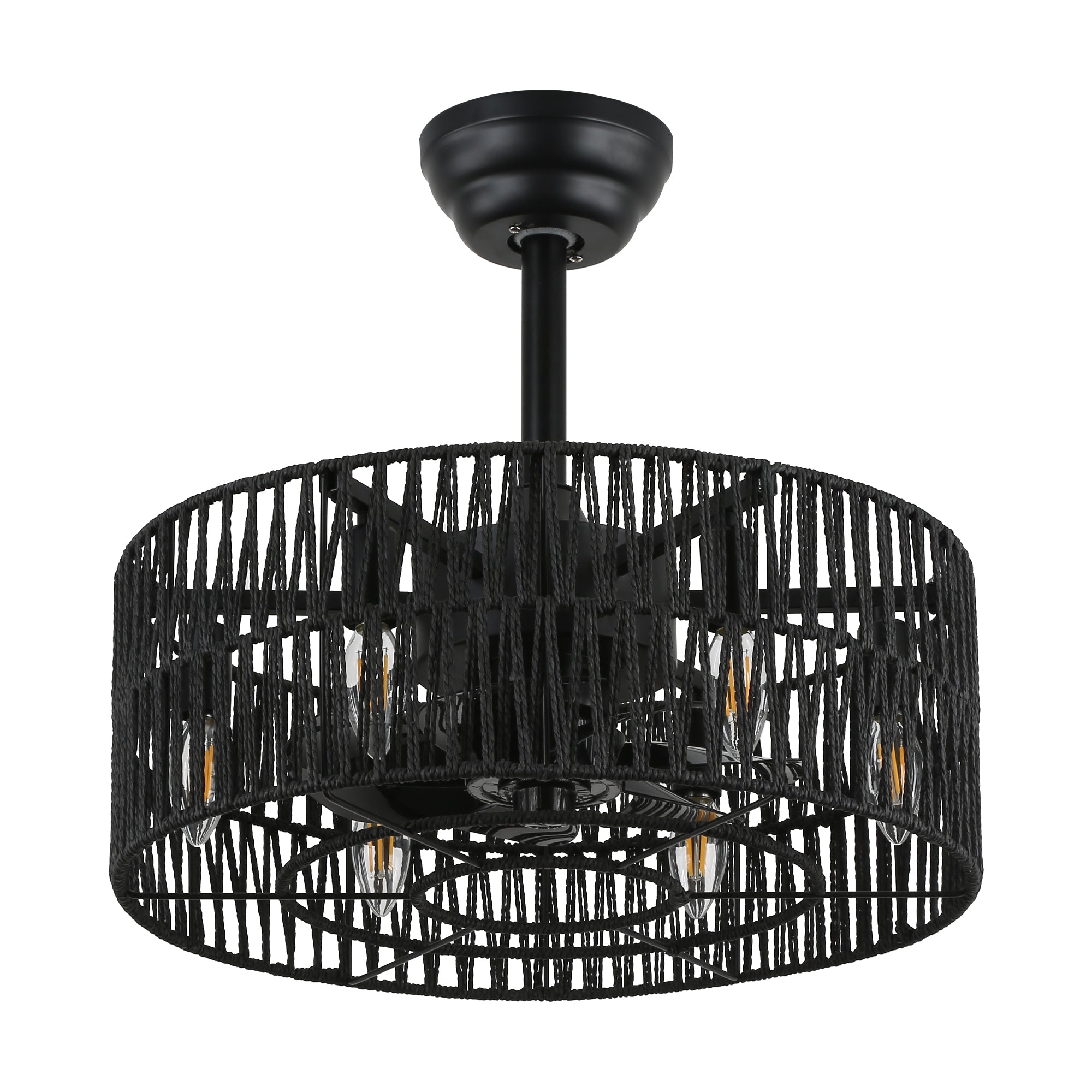 18 Inch Black Rattan Farmhouse Caged Ceiling Fan with Lights and Remote, Eeversible Bladeless Ceiling Fan for Bedroom