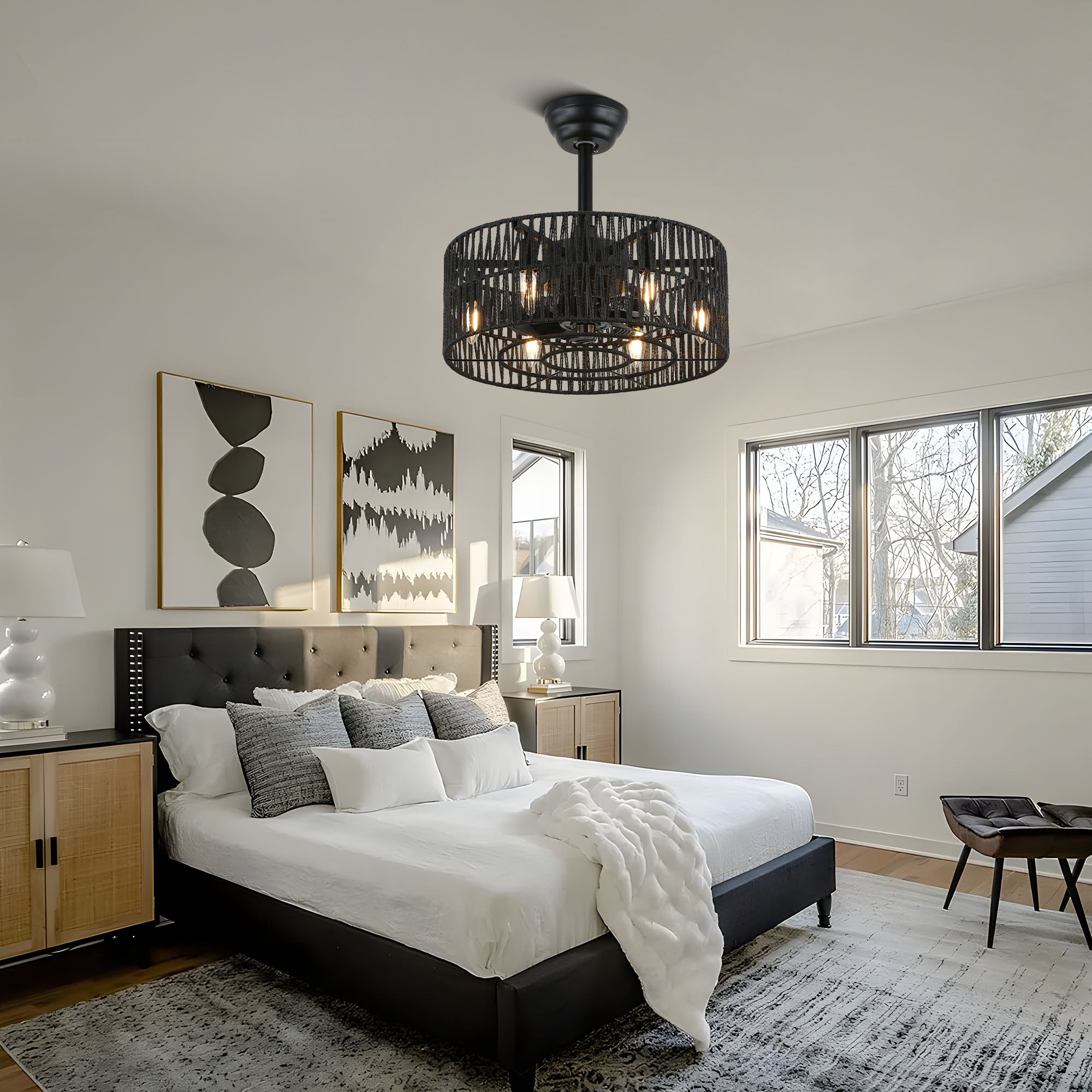 BD1802-BellaDepot 18" Rattan Series Cottage Caged Reversible Ceiling Fan with Lights Remote Control