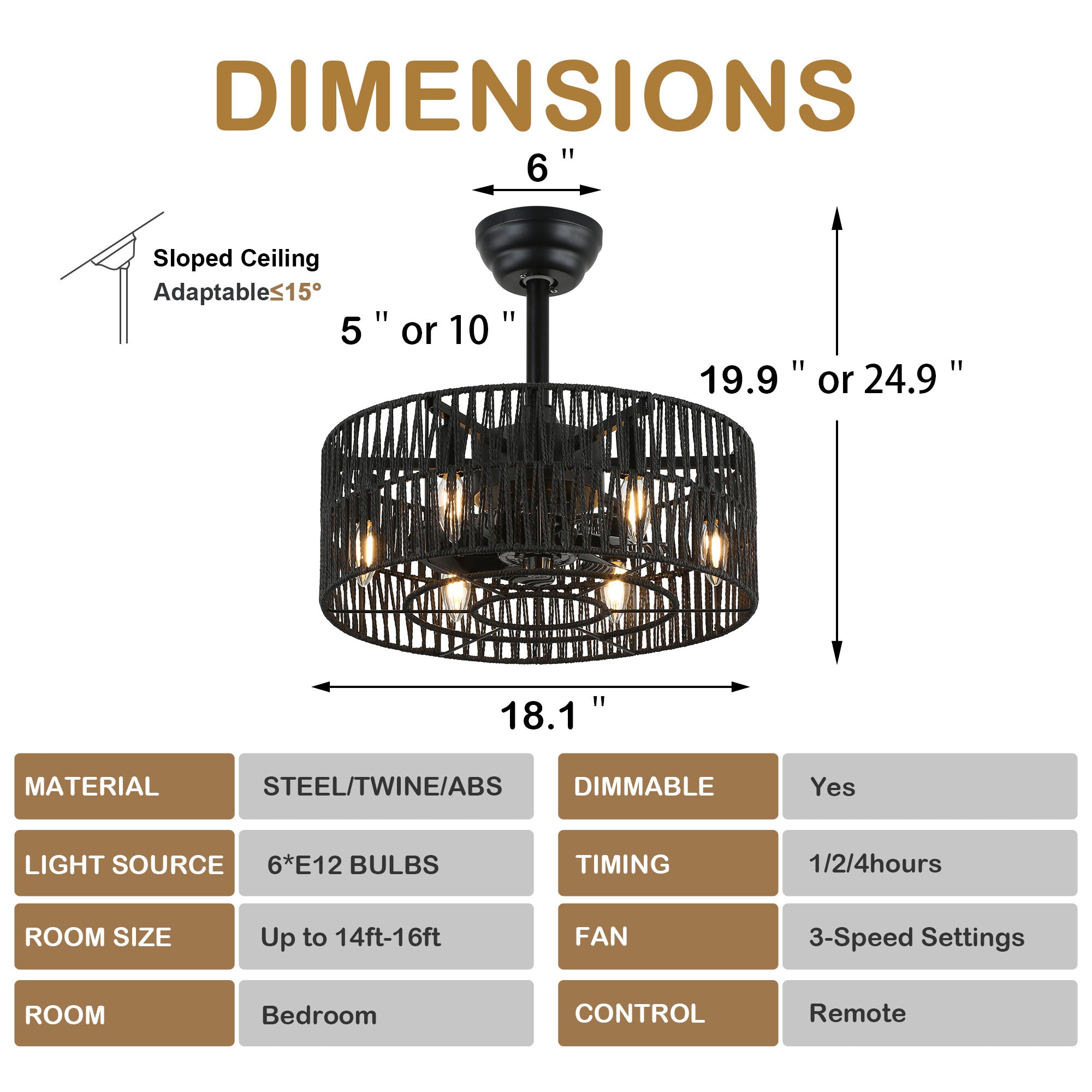 BD1802-BellaDepot 18" Rattan Series Cottage Caged Reversible Ceiling Fan with Lights Remote Control