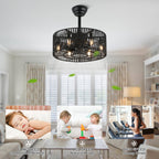 18 Inch Black Rattan Farmhouse Caged Ceiling Fan with Lights and Remote, Eeversible Bladeless Ceiling Fan for Bedroom