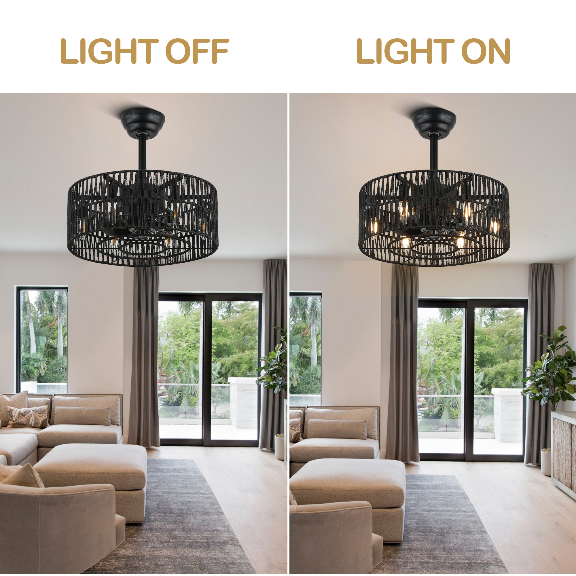 18 Inch Black Rattan Farmhouse Caged Ceiling Fan with Lights and Remote, Eeversible Bladeless Ceiling Fan for Bedroom