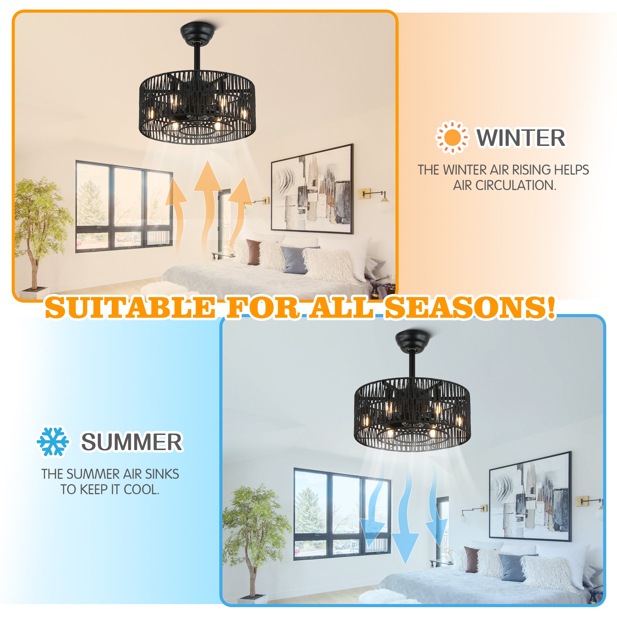 18 Inch Black Rattan Farmhouse Caged Ceiling Fan with Lights and Remote, Eeversible Bladeless Ceiling Fan for Bedroom