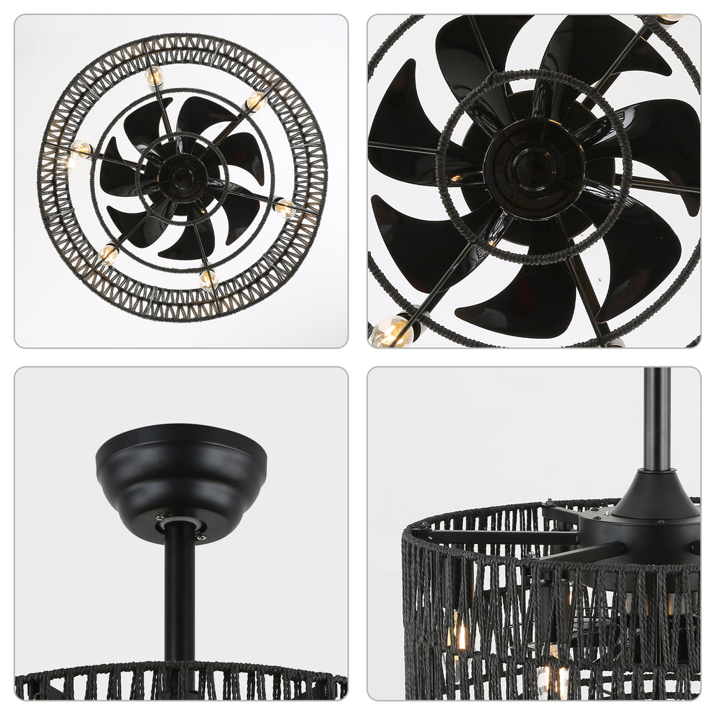 18 Inch Black Rattan Farmhouse Caged Ceiling Fan with Lights and Remote, Eeversible Bladeless Ceiling Fan for Bedroom