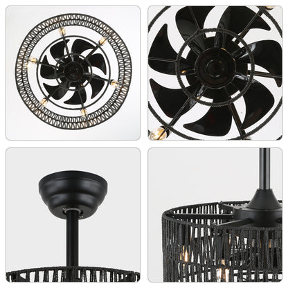 18 in. Black Rattan Wicker Caged Ceiling Fan with Remote and Light