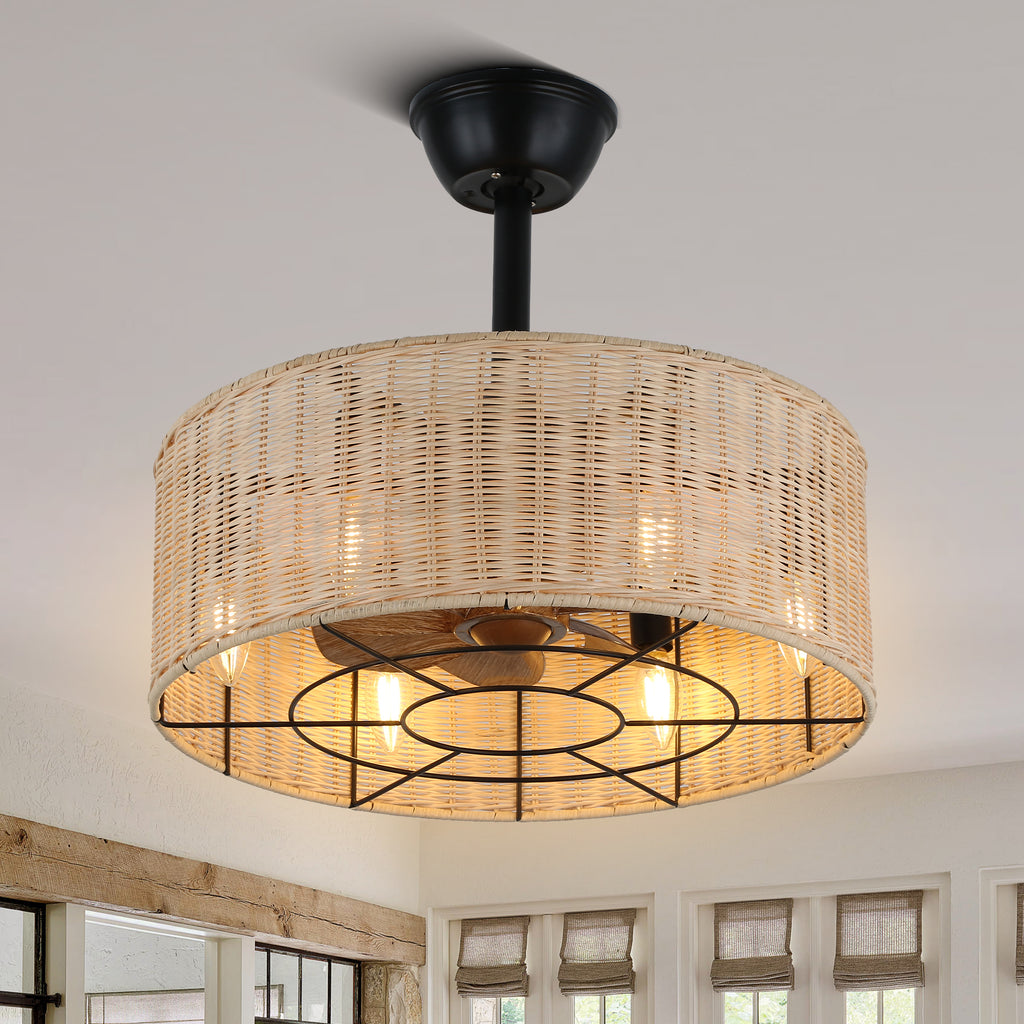 18 Inch Bohemian Rattan Caged Ceiling Fan with Lights and Remote Control, 7-Blade Reversible Bladeless Fandelie Ceiling Fan