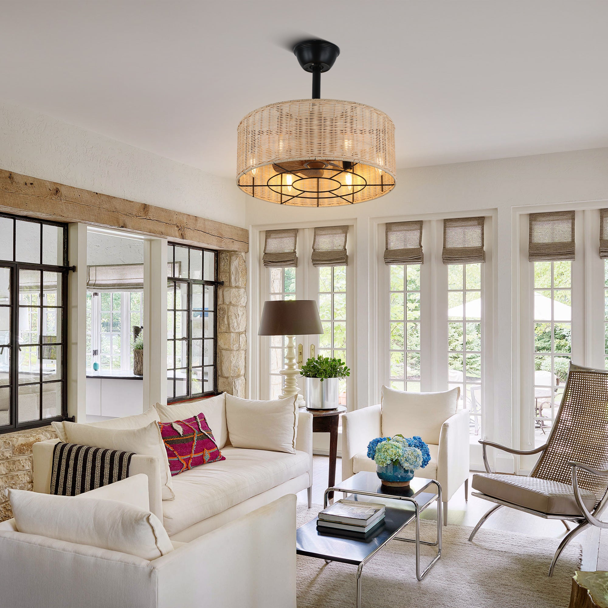 BD1803-BellaDepot 18" Rattan Series Cottage Caged Reversible Ceiling Fan with Lights Remote Control