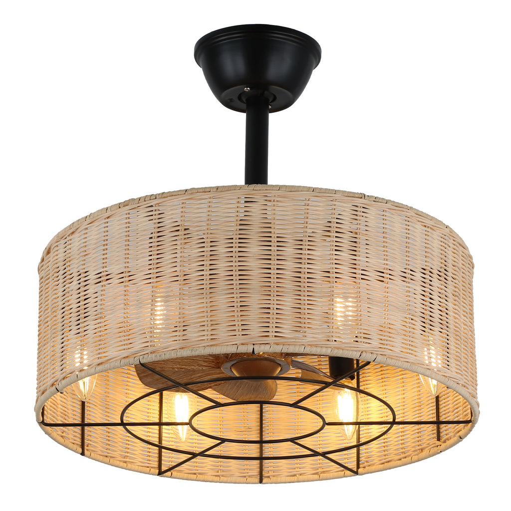 18 Inch Bohemian Rattan Caged Ceiling Fan with Lights and Remote Control, 7-Blade Reversible Bladeless Fandelie Ceiling Fan