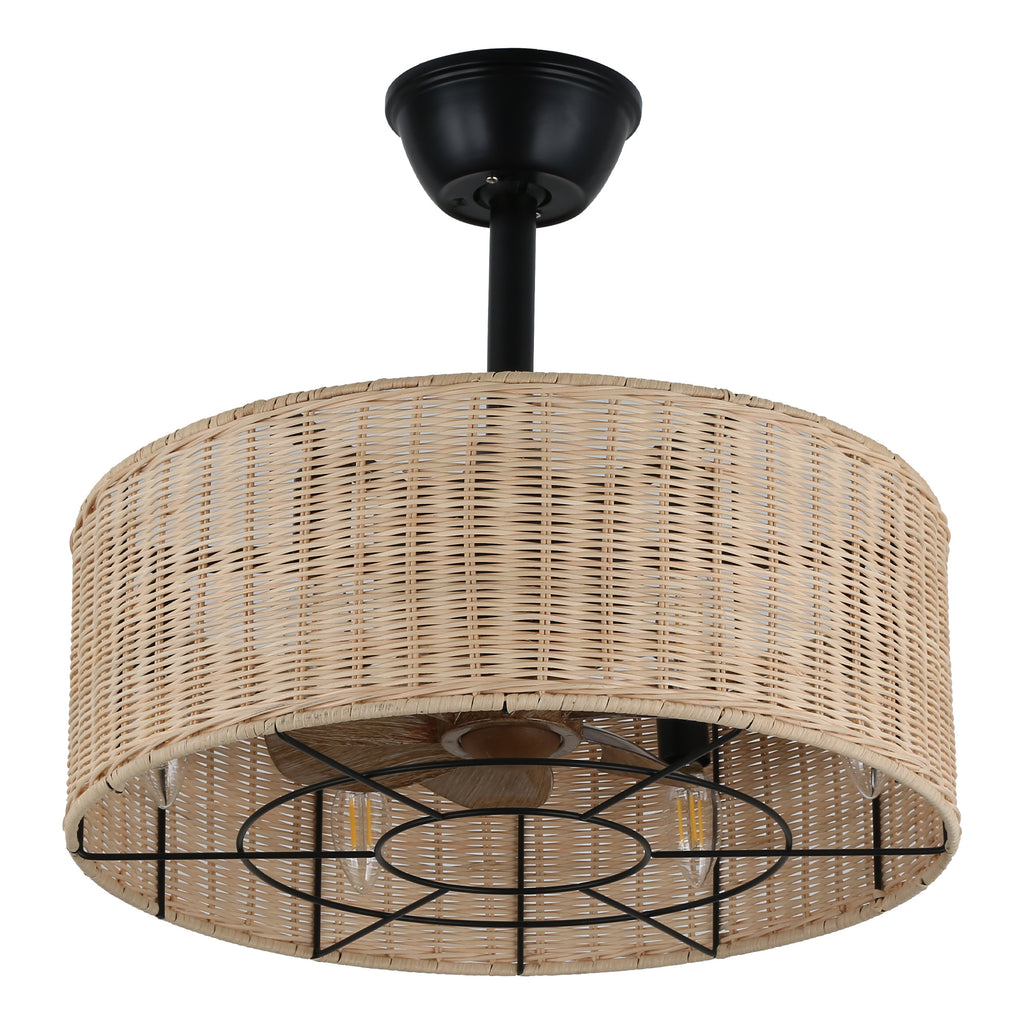 18 Inch Bohemian Rattan Caged Ceiling Fan with Lights and Remote Control, 7-Blade Reversible Bladeless Fandelie Ceiling Fan