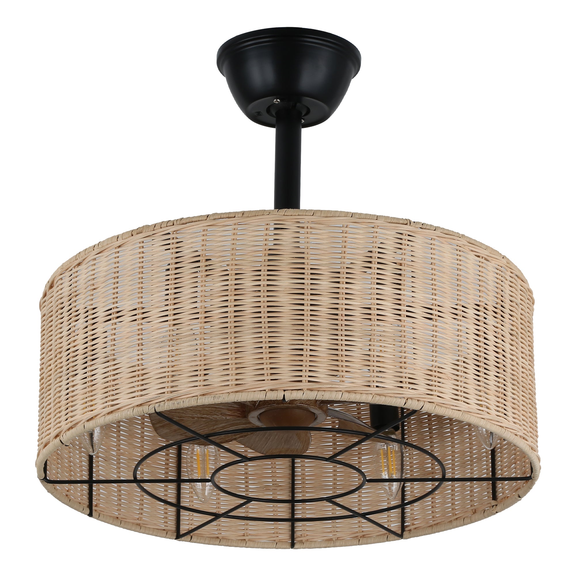 18 Inch Bohemian Rattan Caged Ceiling Fan with Lights and Remote Control, 7-Blade Reversible Bladeless Fandelie Ceiling Fan