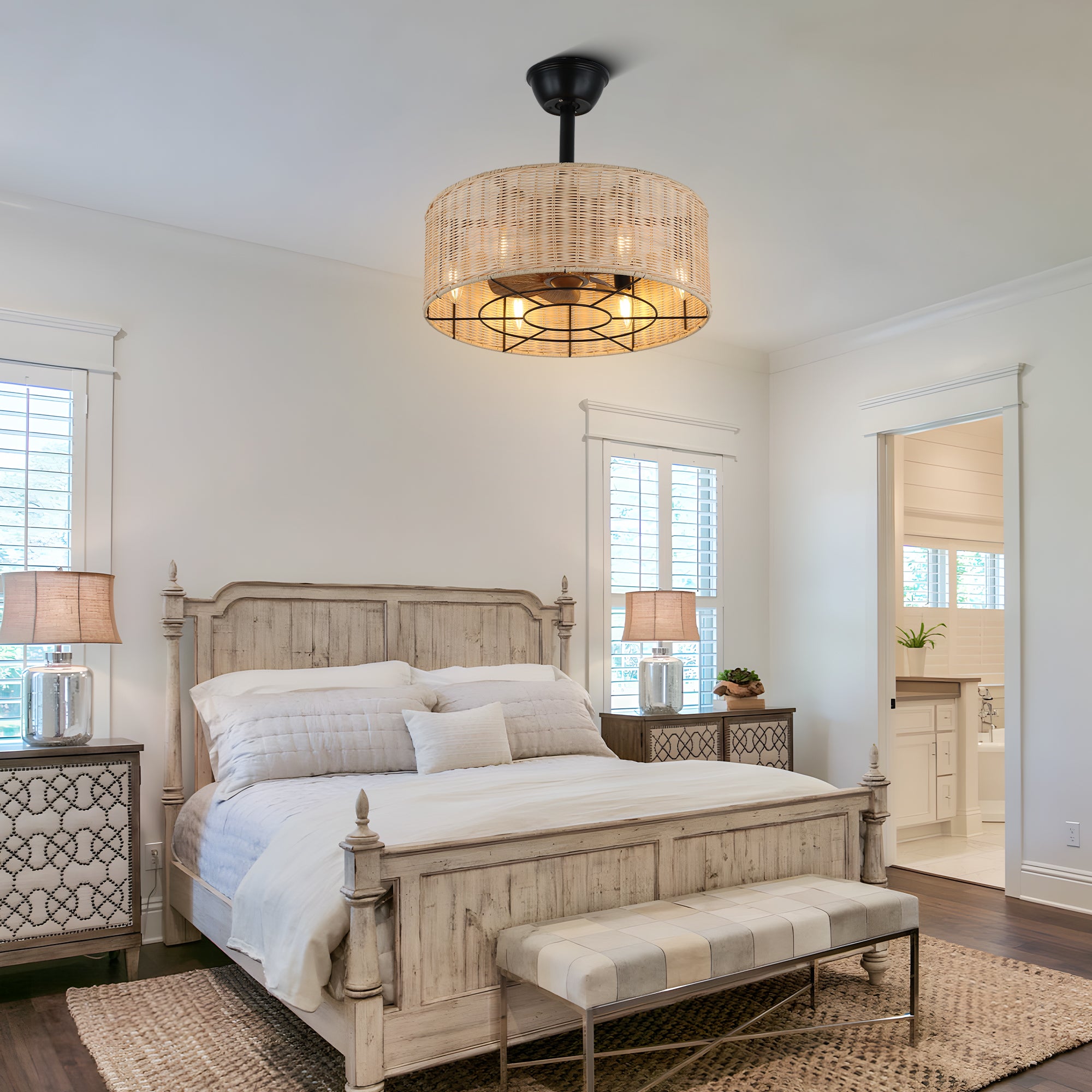 BD1803-BellaDepot 18" Rattan Series Cottage Caged Reversible Ceiling Fan with Lights Remote Control