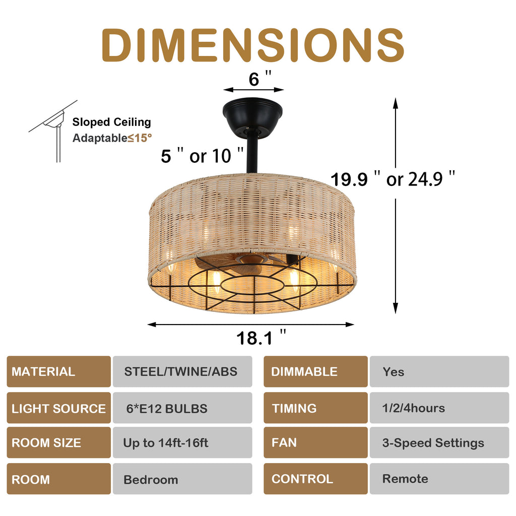 18 Inch Bohemian Rattan Caged Ceiling Fan with Lights and Remote Control, 7-Blade Reversible Bladeless Fandelie Ceiling Fan