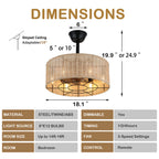 18 Inch Bohemian Rattan Caged Ceiling Fan with Lights and Remote Control, 7-Blade Reversible Bladeless Fandelie Ceiling Fan