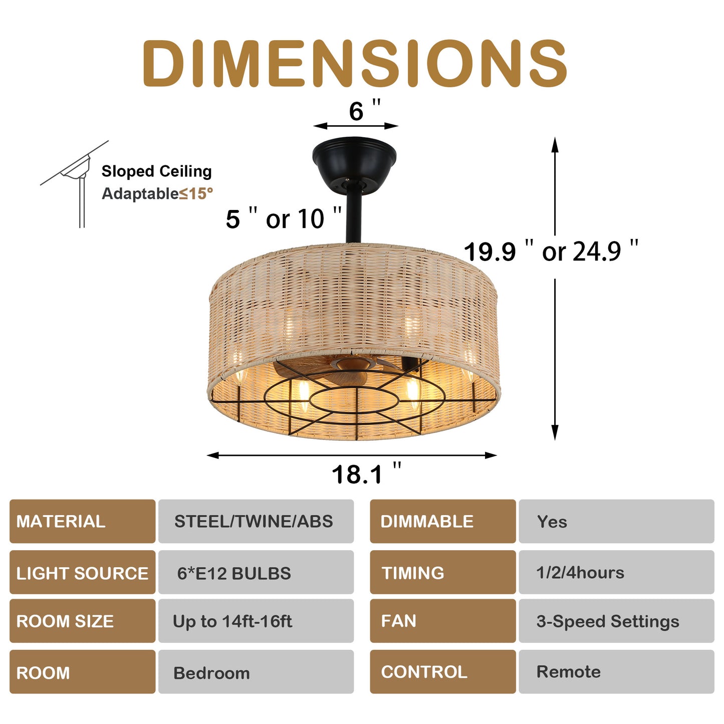 BD1803-18" Farmhouse Rattan Caged Ceiling Fan, with 6 Lights and Remote