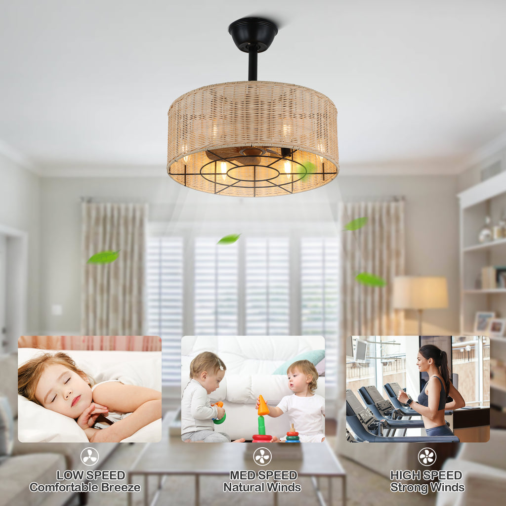 18 Inch Bohemian Rattan Caged Ceiling Fan with Lights and Remote Control, 7-Blade Reversible Bladeless Fandelie Ceiling Fan