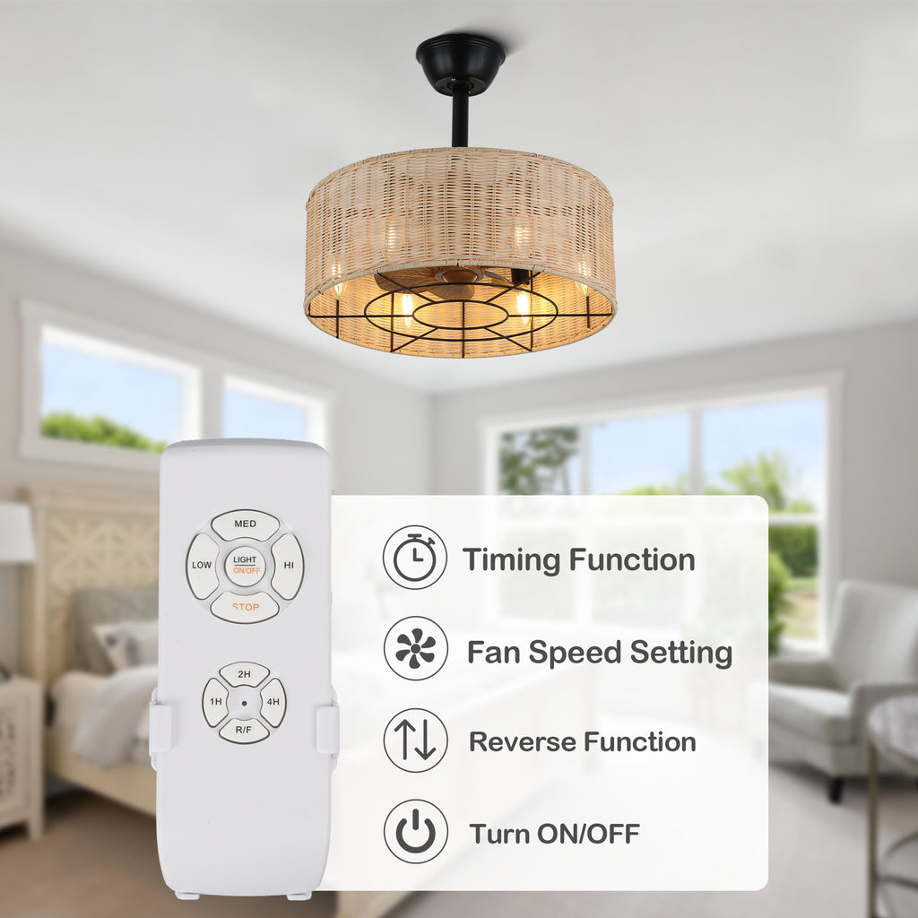 18 Inch Bohemian Rattan Caged Ceiling Fan with Lights and Remote Control, 7-Blade Reversible Bladeless Fandelie Ceiling Fan