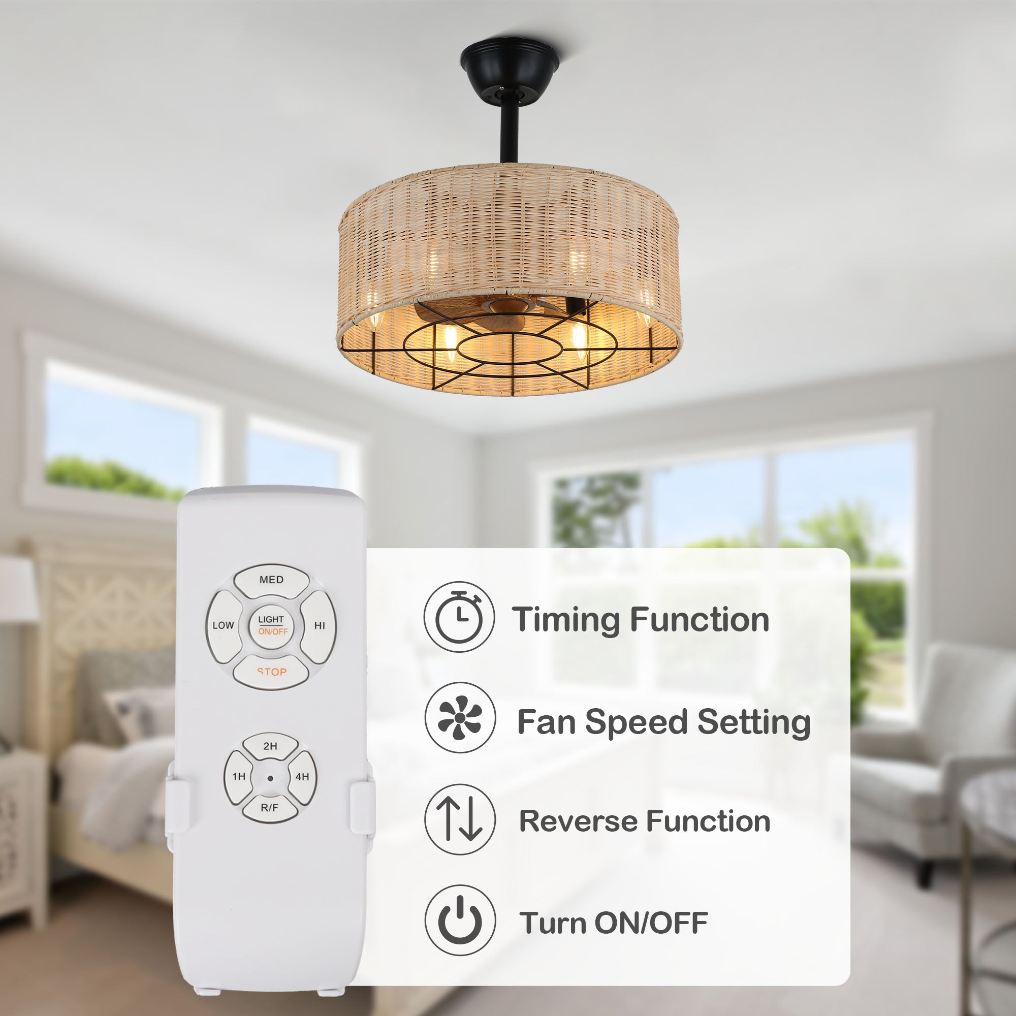 18 Inch Bohemian Rattan Caged Ceiling Fan with Lights and Remote Control, 7-Blade Reversible Bladeless Fandelie Ceiling Fan