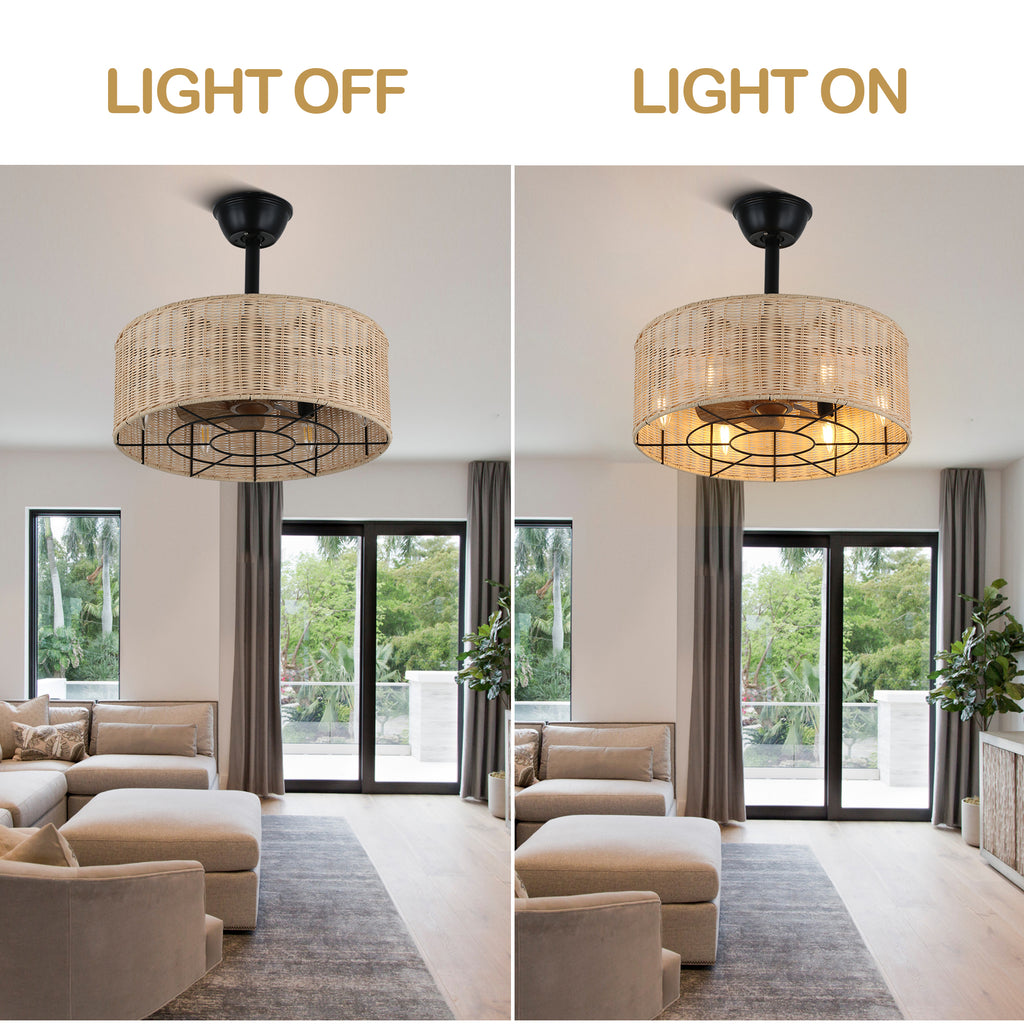 18 Inch Bohemian Rattan Caged Ceiling Fan with Lights and Remote Control, 7-Blade Reversible Bladeless Fandelie Ceiling Fan