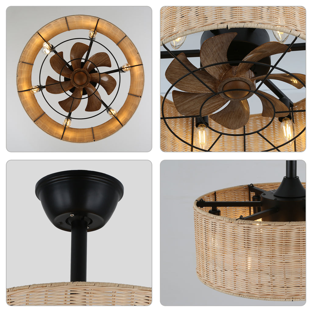 18 Inch Bohemian Rattan Caged Ceiling Fan with Lights and Remote Control, 7-Blade Reversible Bladeless Fandelie Ceiling Fan