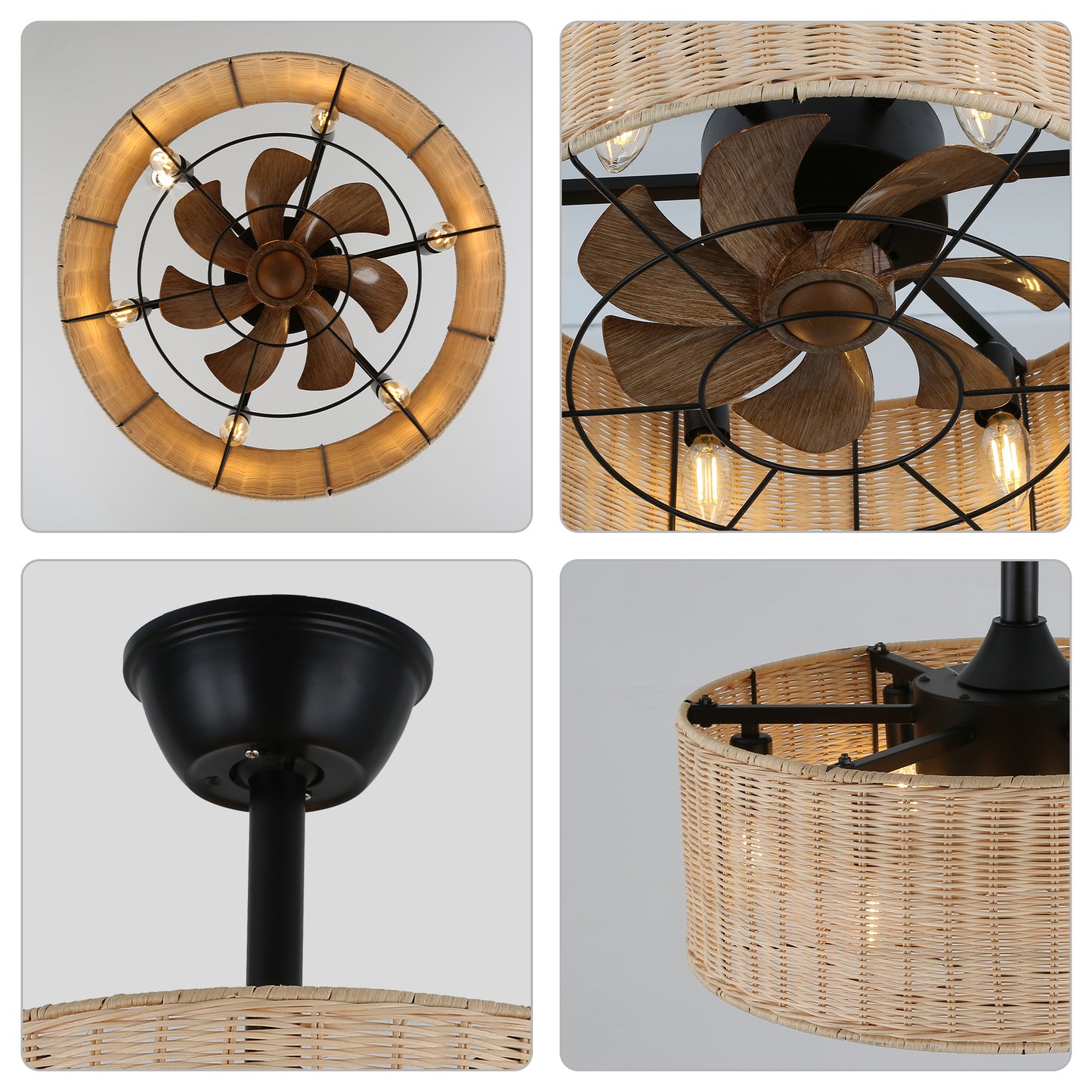 BD1803-18" Farmhouse Rattan Caged Ceiling Fan, with 6 Lights and Remote