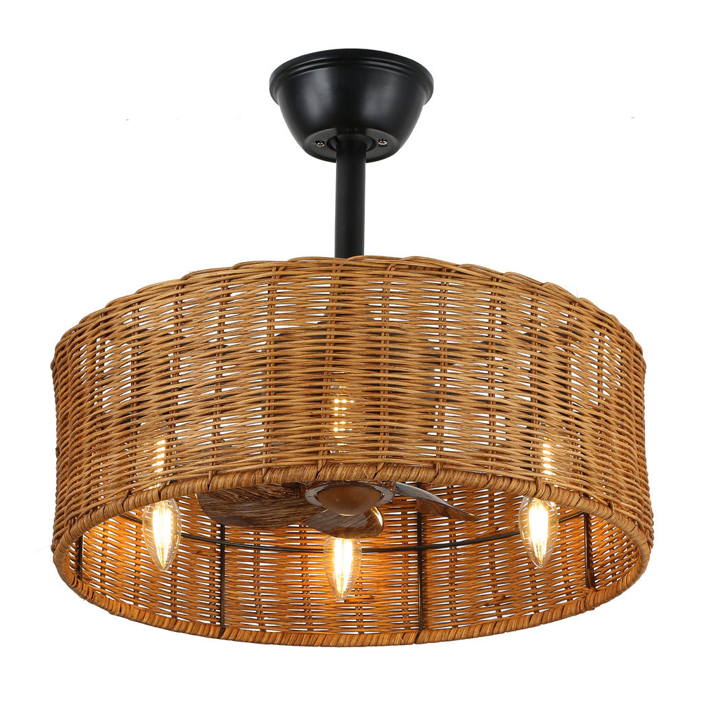 18 Inch Farmhouse Rattan Caged Ceiling Fan with Lights and Remote, 6 Speeds DC Motor Bladeless Fandelier Ceiling Fan for Bedroom