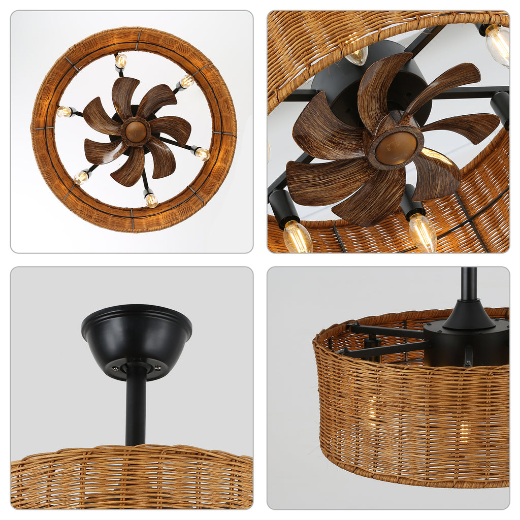 18 Inch Farmhouse Rattan Caged Ceiling Fan with Lights and Remote, 6 Speeds DC Motor Bladeless Fandelier Ceiling Fan for Bedroom