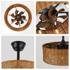 18 Inch Farmhouse Rattan Caged Ceiling Fan with Lights and Remote, 6 Speeds DC Motor Bladeless Fandelier Ceiling Fan for Bedroom