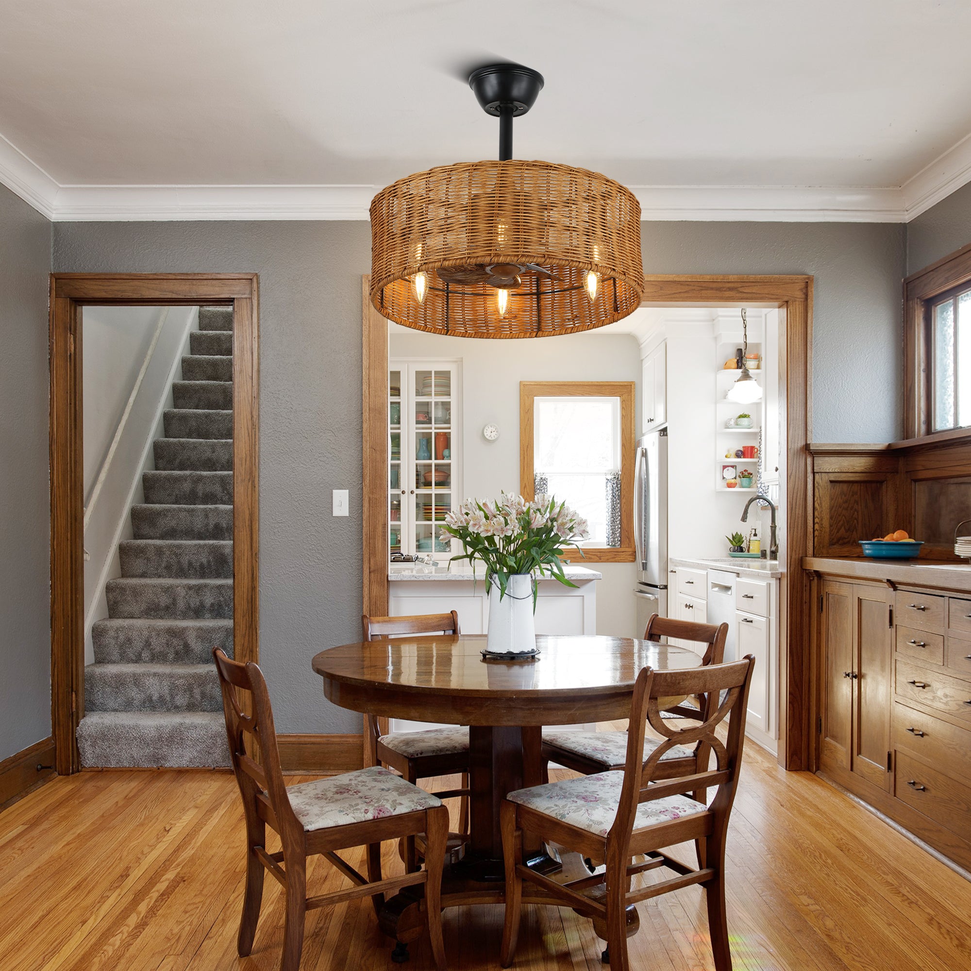 BD1804-BellaDepot 18" Rattan Series Cottage Caged Reversible Ceiling Fan with Lights Remote Control