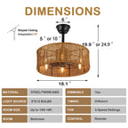 18 Inch Farmhouse Rattan Caged Ceiling Fan with Lights and Remote, 6 Speeds DC Motor Bladeless Fandelier Ceiling Fan for Bedroom
