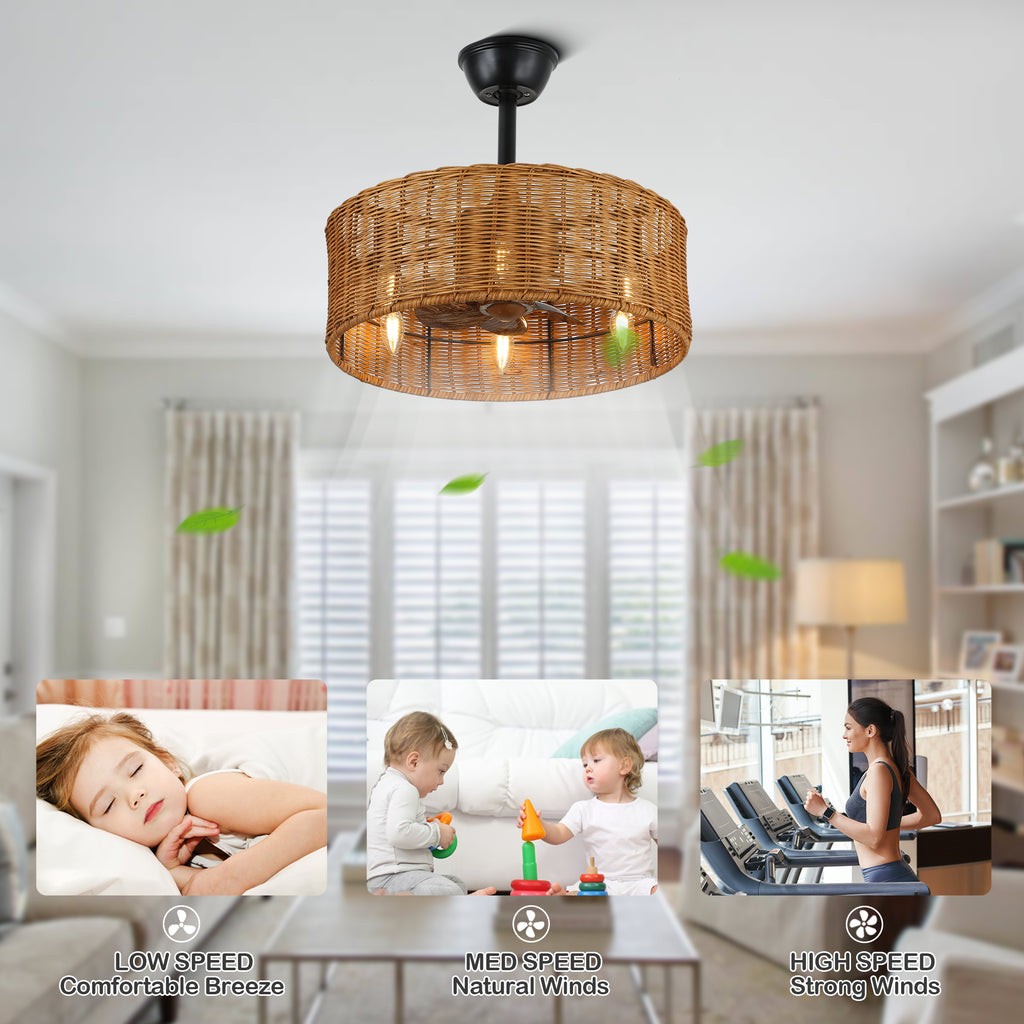 18 Inch Farmhouse Rattan Caged Ceiling Fan with Lights and Remote, 6 Speeds DC Motor Bladeless Fandelier Ceiling Fan for Bedroom