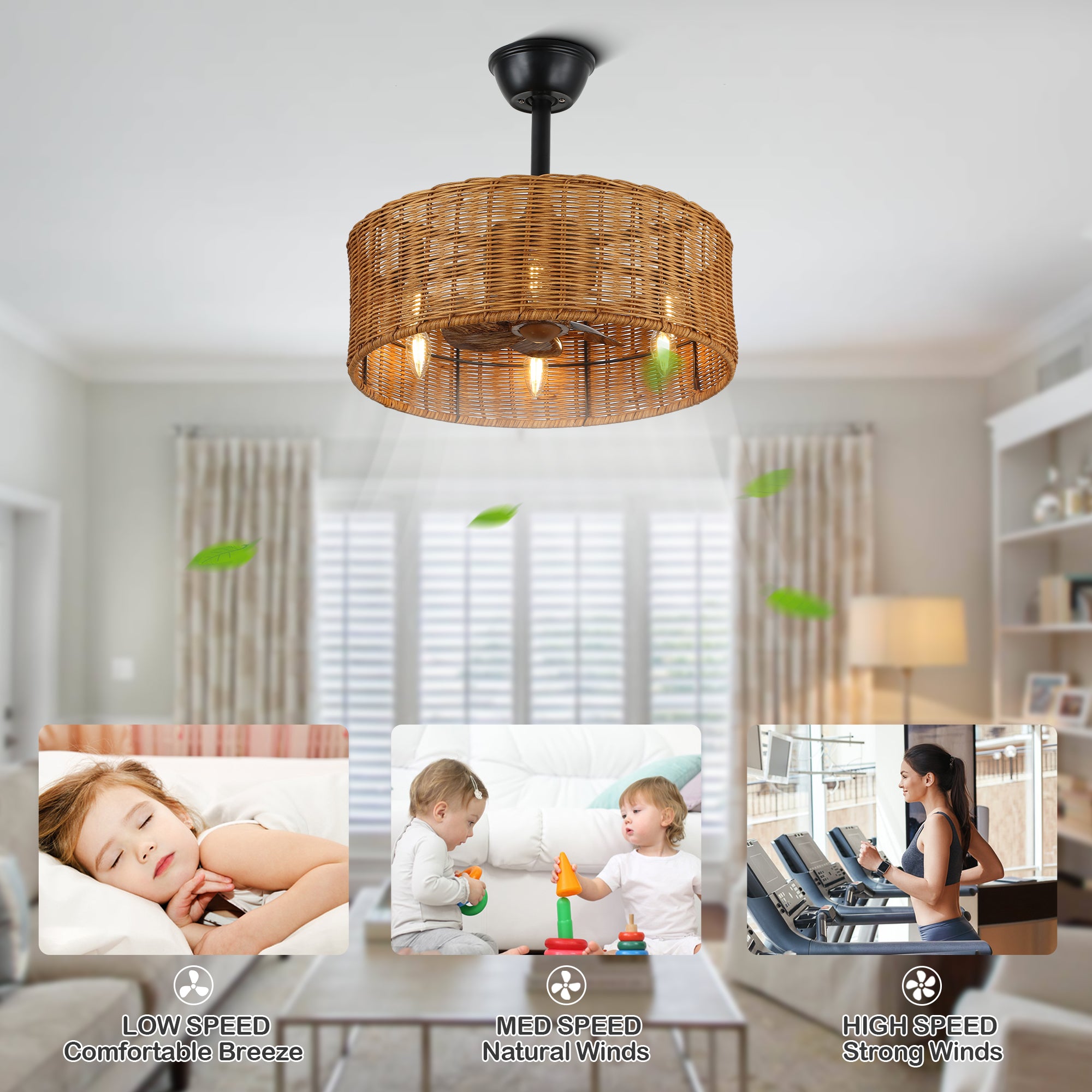 18 Inch Farmhouse Rattan Caged Ceiling Fan with Lights and Remote, 6 Speeds DC Motor Bladeless Fandelier Ceiling Fan for Bedroom