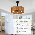 18 Inch Farmhouse Rattan Caged Ceiling Fan with Lights and Remote, 6 Speeds DC Motor Bladeless Fandelier Ceiling Fan for Bedroom