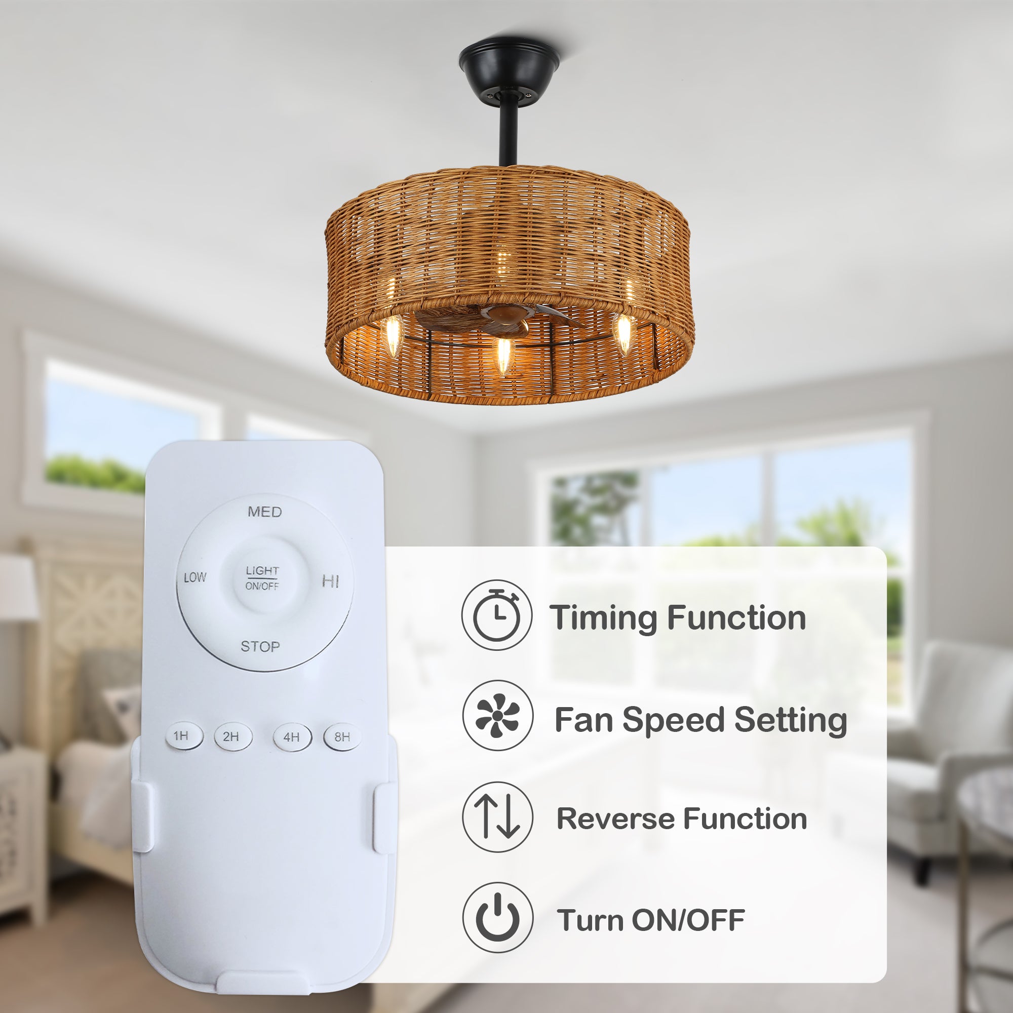 18 Inch Farmhouse Rattan Caged Ceiling Fan with Lights and Remote, 6 Speeds DC Motor Bladeless Fandelier Ceiling Fan for Bedroom