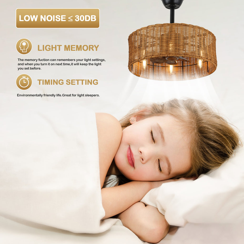 18 Inch Farmhouse Rattan Caged Ceiling Fan with Lights and Remote, 6 Speeds DC Motor Bladeless Fandelier Ceiling Fan for Bedroom