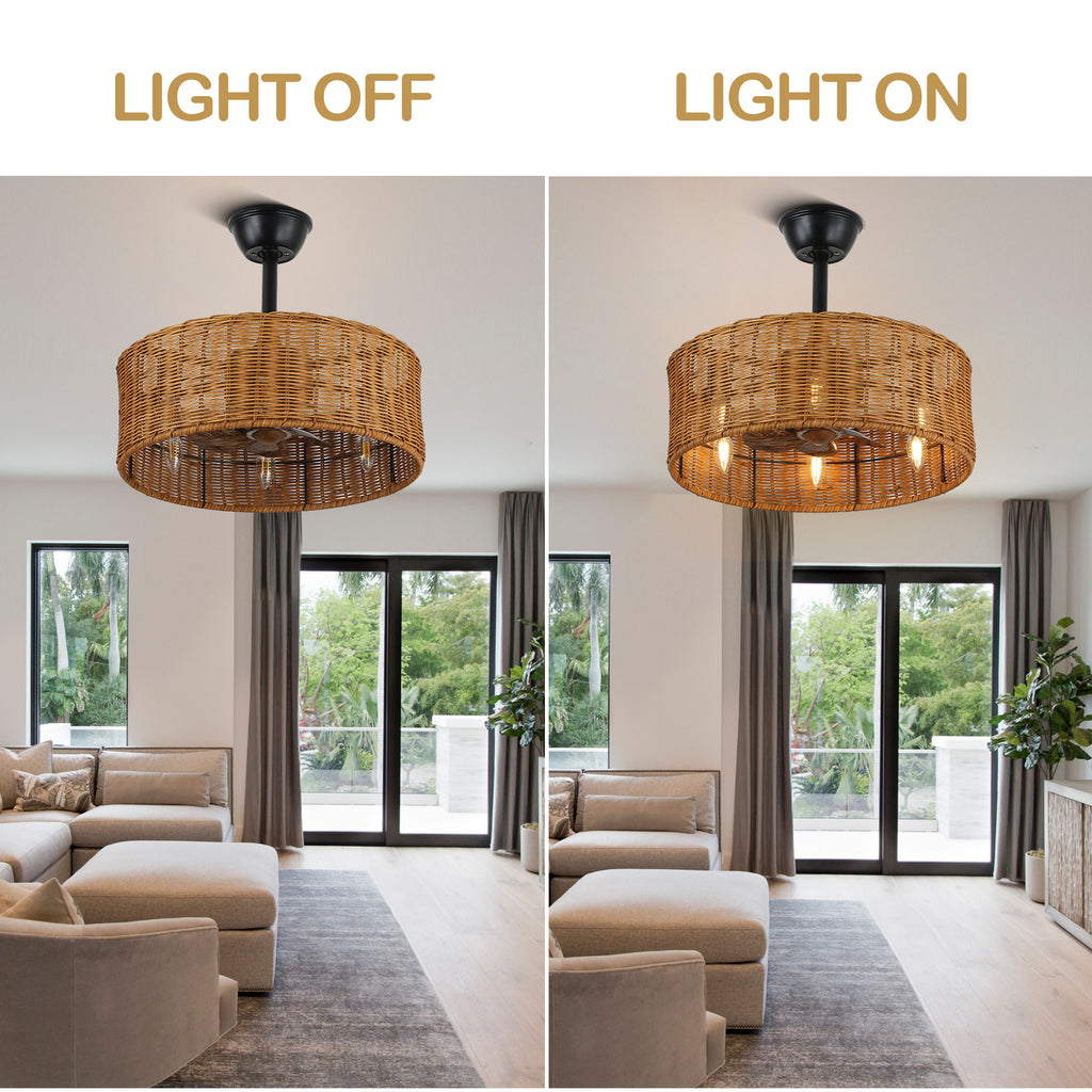 18 Inch Farmhouse Rattan Caged Ceiling Fan with Lights and Remote, 6 Speeds DC Motor Bladeless Fandelier Ceiling Fan for Bedroom